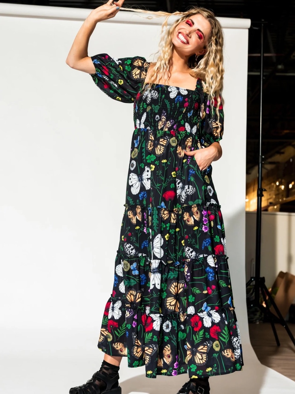 Dressed in LALA Folklore Fairy Smocked Maxi Dress Butterfly Print Medium